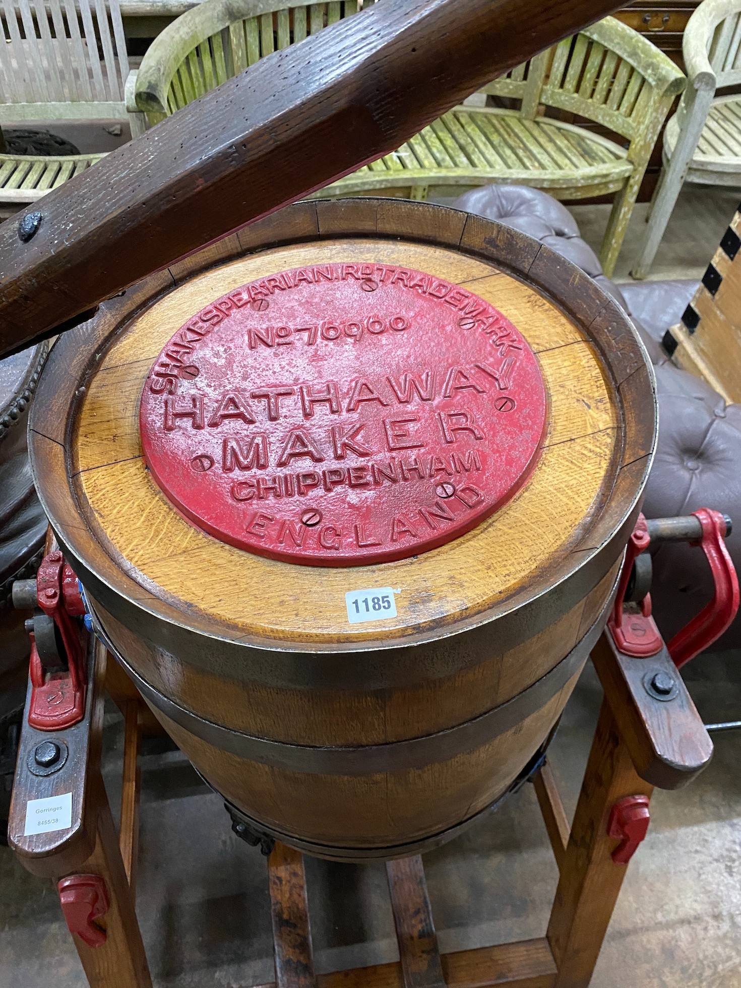 An early 20th century iron bound coopered oak butter churn, by Hathaway of the Chippenham Cheese Factory, Chippenham, Wiltshire, height 114cm *Please note the sale commences at 9am.